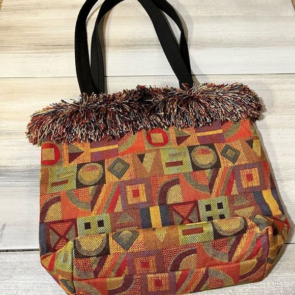 One of a Kind Tapestry Purse With Multi Color Fringe Around Top Print Fabric - Picture 4 of 5